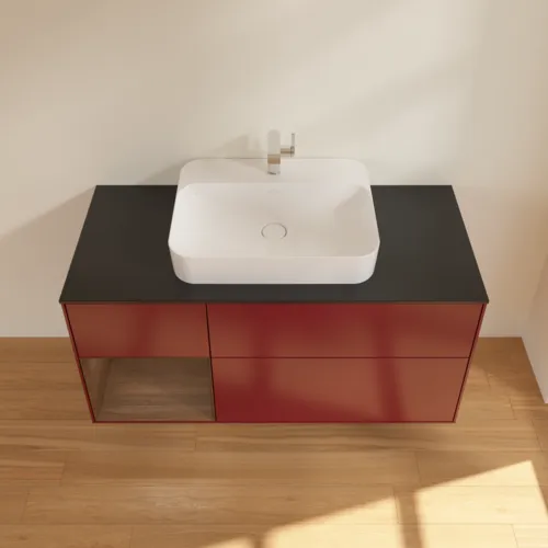 VILLEROY BOCH Toaletní skříňka Finion, s osvětlením, 3 výsuvy, 1200 x 603 x 501 mm, matný lak Peony / ořechová dýha / černé matné sklo #F412GNHB, obrázek 4