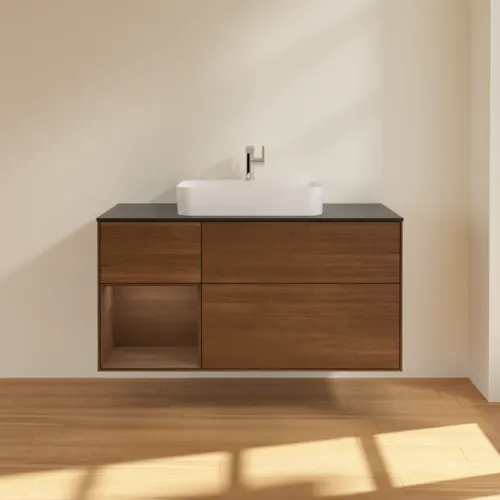 VILLEROY BOCH Toaletní skříňka Finion, s osvětlením, 3 výsuvy, 1200 x 603 x 501 mm, ořechová dýha / ořechová dýha / sklo černé matné #F412GNGN, obrázek 3