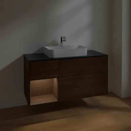 VILLEROY BOCH Toaletní skříňka Finion, s osvětlením, 3 výsuvy, 1200 x 603 x 501 mm, ořechová dýha / ořechová dýha / sklo černé matné #F412GNGN, obrázek 5