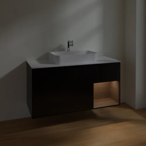 VILLEROY BOCH Toaletní skříňka Finion, s osvětlením, 3 výsuvy, 1200 x 603 x 501 mm, černý matný lak / ořechová dýha / bílé matné sklo #F421GNPD, obrázek 5