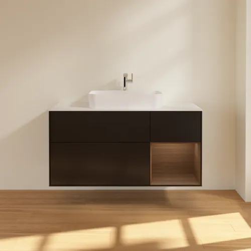 VILLEROY BOCH Toaletní skříňka Finion, s osvětlením, 3 výsuvy, 1200 x 603 x 501 mm, černý matný lak / ořechová dýha / bílé matné sklo #F421GNPD, obrázek 3