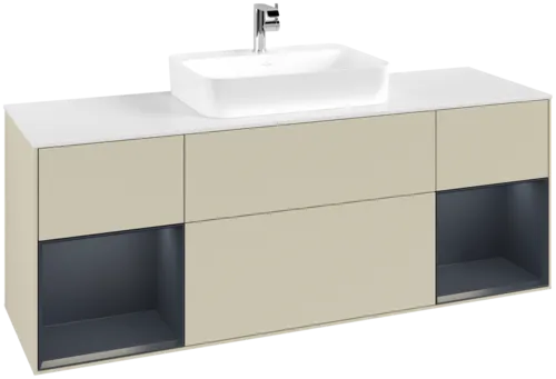 VILLEROY BOCH Toaletní skříňka Finion, s osvětlením, 4 výsuvy, 1600 x 603 x 501 mm, hedvábně šedý matný lak / půlnočně modrý matný lak / bílé matné sklo #F451HGHJ