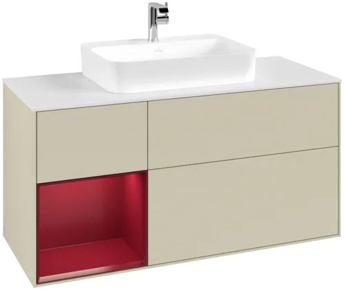 VILLEROY BOCH Toaletní skříňka Finion, s osvětlením, 3 výsuvy, 1200 x 603 x 501 mm, Silk Grey Matt Lacquer / Peony Matt Lacquer / Glass White Matt #F411HBHJ