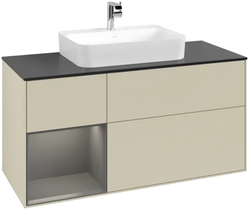 VILLEROY BOCH Toaletní skříňka Finion, s osvětlením, 3 výsuvy, 1200 x 603 x 501 mm, hedvábně šedý matný lak / antracitový matný lak / černé matné sklo #F412GKHJ