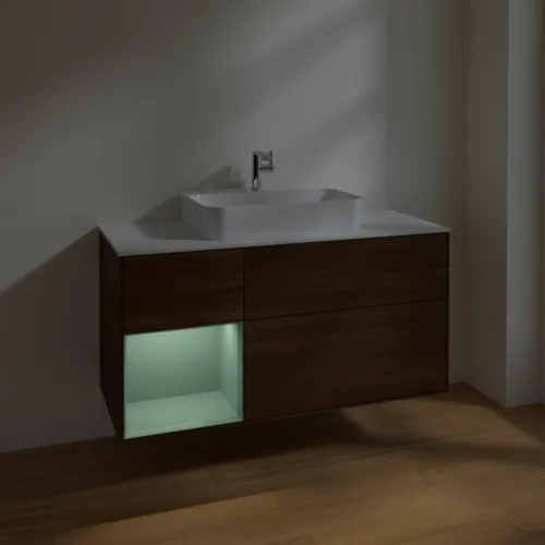 VILLEROY BOCH Toaletní stolek Finion, s osvětlením, 3 výsuvy, 1200 x 603 x 501 mm, ořechová dýha / olivový matný lak / sklo bílé matné #F411GMGN, obrázek 5