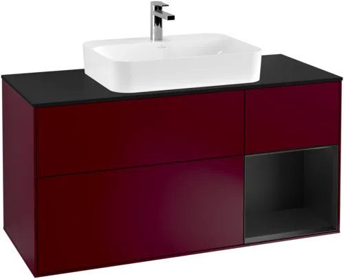 VILLEROY BOCH Toaletní skříňka Finion, s osvětlením, 3 výsuvy, 1200 x 603 x 501 mm, Peony Matt Lacquer / Black Matt Lacquer / Glass Black Matt #F422PDHB