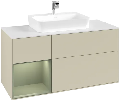 VILLEROY BOCH Toaletní skříňka Finion, s osvětlením, 3 výsuvy, 1200 x 603 x 501 mm, hedvábně šedý matný lak / olivový matný lak / bílé matné sklo #F411GMHJ