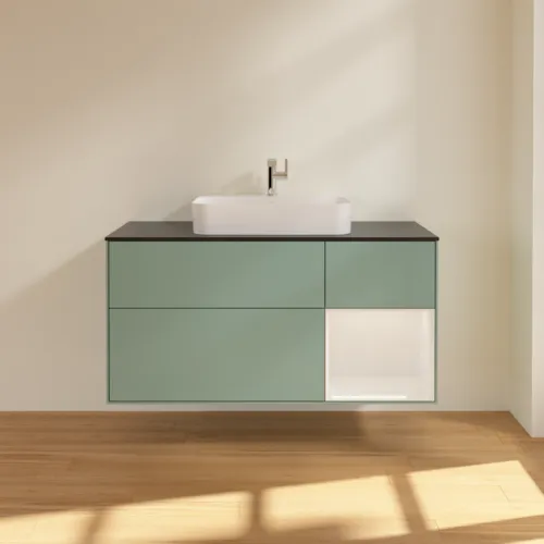VILLEROY BOCH Toaletní skříňka Finion, s osvětlením, 3 výsuvy, 1200 x 603 x 501 mm, olivový matný lak / lesklý bílý lak / sklo černé matné #F422GFGM, obrázek 3