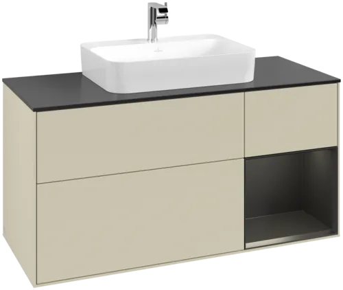 VILLEROY BOCH Toaletní skříňka Finion, s osvětlením, 3 výsuvy, 1200 x 603 x 501 mm, hedvábně šedý matný lak / černý matný lak / černé matné sklo #F422PDHJ