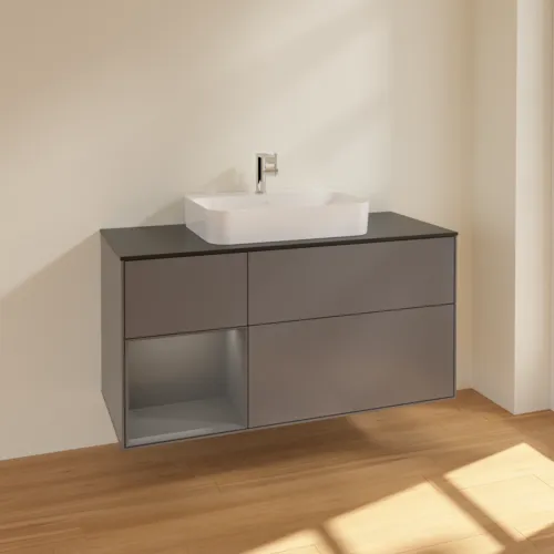VILLEROY BOCH Toaletní skříňka Finion, s osvětlením, 3 výsuvy, 1200 x 603 x 501 mm, antracit matný lak / antracit matný lak / sklo černé matné #F412GKGK, obrázek 2
