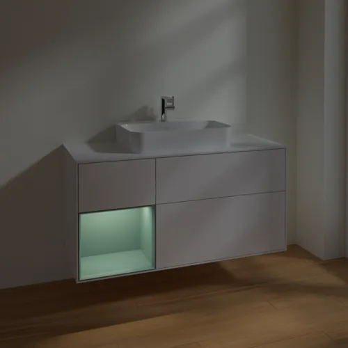 VILLEROY BOCH Toaletní skříňka Finion, s osvětlením, 3 výsuvy, 1200 x 603 x 501 mm, lesklý bílý lak / olivově matný lak / sklo bílé matné #F411GMGF, obrázek 5
