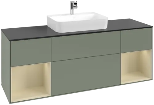 VILLEROY BOCH Toaletní skříňka Finion, s osvětlením, 4 výsuvy, 1600 x 603 x 501 mm, olivový matný lak / hedvábně šedý matný lak / černé matné sklo #F452HJGM