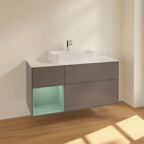 VILLEROY BOCH Toaletní skříňka Finion, s osvětlením, 3 výsuvy, 1200 x 603 x 501 mm, antracitový matný lak / olivový matný lak / bílé matné sklo #F411GMGK, obrázek 2