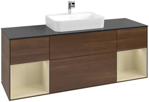VILLEROY BOCH Toaletní skříňka Finion, s osvětlením, 4 výsuvy, 1600 x 603 x 501 mm, ořechová dýha / hedvábně šedý matný lak / sklo černé matné #F452HJGN