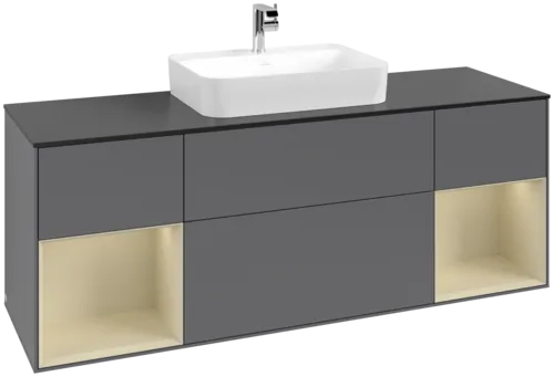 VILLEROY BOCH Toaletní skříňka Finion, s osvětlením, 4 výsuvy, 1600 x 603 x 501 mm, antracitový matný lak / hedvábně šedý matný lak / černé matné sklo #F452HJGK