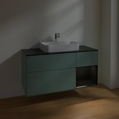 VILLEROY BOCH Toaletní skříňka Finion, s osvětlením, 3 výsuvy, 1200 x 603 x 501 mm, olivový matný lak / černý matný lak / černé matné sklo #F422PDGM, obrázek 5
