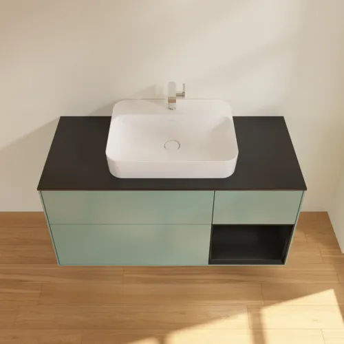 VILLEROY BOCH Toaletní skříňka Finion, s osvětlením, 3 výsuvy, 1200 x 603 x 501 mm, olivový matný lak / černý matný lak / černé matné sklo #F422PDGM, obrázek 4