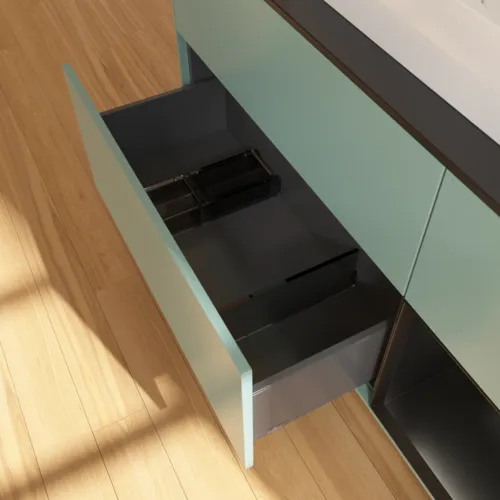 VILLEROY BOCH Toaletní skříňka Finion, s osvětlením, 3 výsuvy, 1200 x 603 x 501 mm, olivový matný lak / černý matný lak / černé matné sklo #F422PDGM, obrázek 7