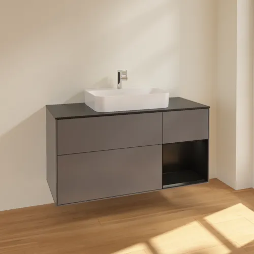 VILLEROY BOCH Toaletní skříňka Finion, s osvětlením, 3 výsuvy, 1200 x 603 x 501 mm, antracitový matný lak / černý matný lak / černé matné sklo #F422PDGK, obrázek 2