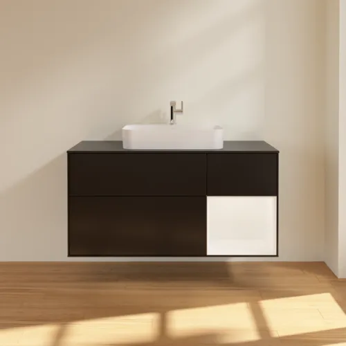 VILLEROY BOCH Toaletní skříňka Finion, s osvětlením, 3 výsuvy, 1200 x 603 x 501 mm, černý matný lak / bílý matný lak / černé matné sklo #F422MTPD, obrázek 3