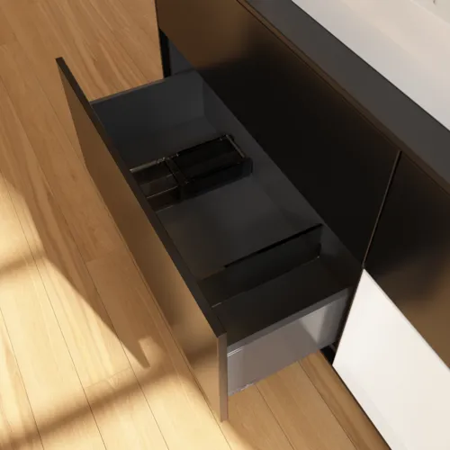 VILLEROY BOCH Toaletní skříňka Finion, s osvětlením, 3 výsuvy, 1200 x 603 x 501 mm, černý matný lak / bílý matný lak / černé matné sklo #F422MTPD, obrázek 7