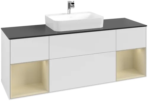 VILLEROY BOCH Toaletní skříňka Finion, s osvětlením, 4 výsuvy, 1600 x 603 x 501 mm, lesklý bílý lak / hedvábně šedý matný lak / černé matné sklo #F452HJGF