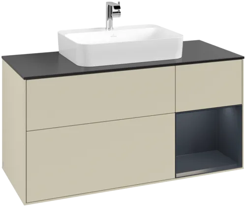 VILLEROY BOCH Toaletní skříňka Finion, s osvětlením, 3 výsuvy, 1200 x 603 x 501 mm, Silk Grey Matt Lacquer / Midnight Blue Matt Lacquer / Glass Black Matt #F422HGHJ