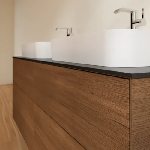 VILLEROY BOCH Toaletní skříňka Finion, 4 výsuvy, 1600 x 603 x 501 mm, ořechová dýha / sklo černé matné #F43200GN, obrázek 3