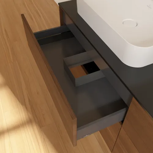 VILLEROY BOCH Toaletní skříňka Finion, 4 výsuvy, 1600 x 603 x 501 mm, ořechová dýha / sklo černé matné #F43200GN, obrázek 4