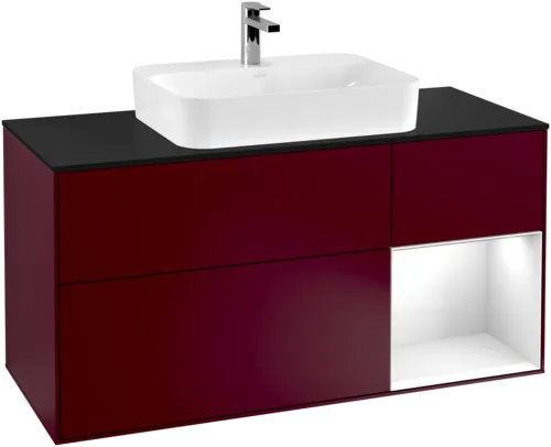 VILLEROY BOCH Toaletní skříňka Finion, s osvětlením, 3 výsuvy, 1200 x 603 x 501 mm, matný lak Peony / lesklý bílý lak / černé matné sklo #F422GFHB