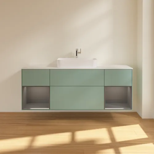 VILLEROY BOCH Toaletní skříňka Finion, s osvětlením, 4 výsuvy, 1600 x 603 x 501 mm, olivový matný lak / antracitový matný lak / bílé matné sklo #F451GKGM, obrázek 3