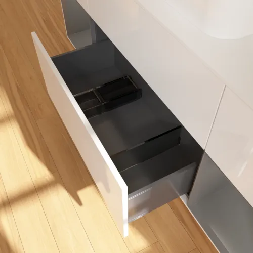 VILLEROY BOCH Toaletní skříňka Finion, s osvětlením, 4 výsuvy, 1600 x 603 x 501 mm, lesklý bílý lak / antracitový matný lak / bílé matné sklo #F451GKGF, obrázek 5