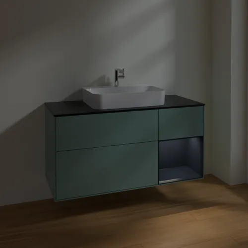 VILLEROY BOCH Toaletní skříňka Finion, s osvětlením, 3 výsuvy, 1200 x 603 x 501 mm, olivový matný lak / půlnoční modrý matný lak / černé matné sklo #F422HGGM, obrázek 5