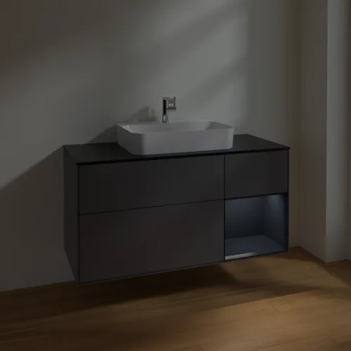 VILLEROY BOCH Toaletní skříňka Finion, s osvětlením, 3 výsuvy, 1200 x 603 x 501 mm, antracitový matný lak / půlnoční modrý matný lak / černé matné sklo #F422HGGK, obrázek 5