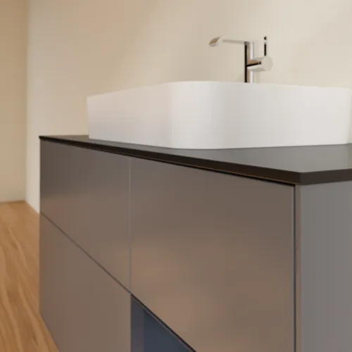 VILLEROY BOCH Toaletní skříňka Finion, s osvětlením, 3 výsuvy, 1200 x 603 x 501 mm, antracitový matný lak / půlnoční modrý matný lak / černé matné sklo #F422HGGK, obrázek 6