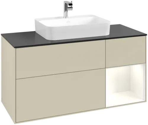 VILLEROY BOCH Toaletní skříňka Finion, s osvětlením, 3 výsuvy, 1200 x 603 x 501 mm, hedvábně šedý matný lak / lesklý bílý lak / černé matné sklo #F422GFHJ