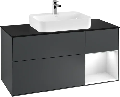VILLEROY BOCH Toaletní skříňka Finion, s osvětlením, 3 výsuvy, 1200 x 603 x 501 mm, Midnight Blue Matt Lacquer / Glossy White Lacquer / Glass Black Matt #F422GFHG