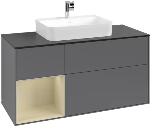 VILLEROY BOCH Toaletní skříňka Finion, s osvětlením, 3 výsuvy, 1200 x 603 x 501 mm, antracitový matný lak / hedvábně šedý matný lak / černé matné sklo #F412HJGK