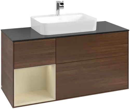 VILLEROY BOCH Toaletní skříňka Finion, s osvětlením, 3 výsuvy, 1200 x 603 x 501 mm, ořechová dýha / hedvábně šedý matný lak / sklo černé matné #F412HJGN