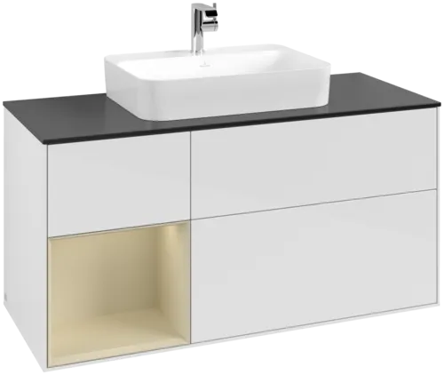 VILLEROY BOCH Toaletní skříňka Finion, s osvětlením, 3 výsuvy, 1200 x 603 x 501 mm, lesklý bílý lak / hedvábně šedý matný lak / černé matné sklo #F412HJGF