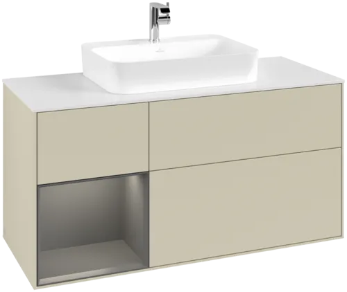 VILLEROY BOCH Toaletní skříňka Finion, s osvětlením, 3 výsuvy, 1200 x 603 x 501 mm, hedvábně šedý matný lak / antracitový matný lak / bílé matné sklo #F411GKHJ