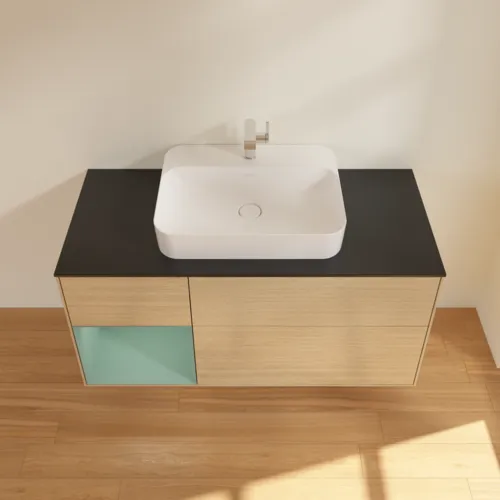 VILLEROY BOCH Toaletní skříňka Finion, s osvětlením, 3 výsuvy, 1200 x 603 x 501 mm, dubová dýha / olivově matný lak / sklo černé matné #F412GMPC, obrázek 4