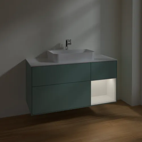 VILLEROY BOCH Toaletní skříňka Finion, s osvětlením, 3 výsuvy, 1200 x 603 x 501 mm, olivově matný lak / lesklý bílý lak / sklo bílé matné #F421GFGM, obrázek 5