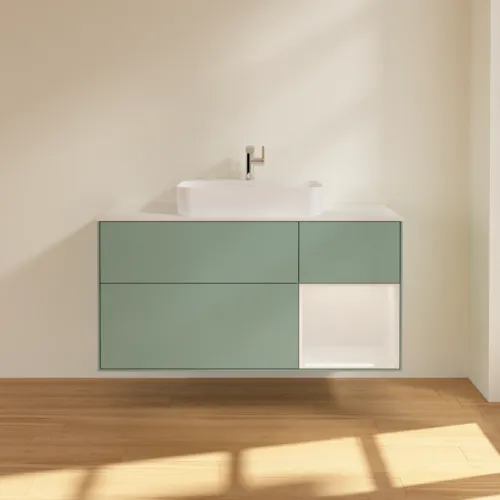VILLEROY BOCH Toaletní skříňka Finion, s osvětlením, 3 výsuvy, 1200 x 603 x 501 mm, olivově matný lak / lesklý bílý lak / sklo bílé matné #F421GFGM, obrázek 3