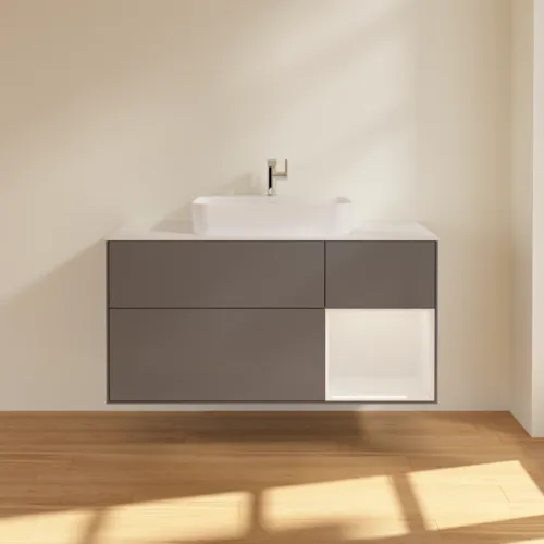 VILLEROY BOCH Toaletní skříňka Finion, s osvětlením, 3 výsuvy, 1200 x 603 x 501 mm, antracit matný lak / lesklý bílý lak / sklo bílé matné #F421GFGK, obrázek 3