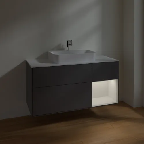 VILLEROY BOCH Toaletní skříňka Finion, s osvětlením, 3 výsuvy, 1200 x 603 x 501 mm, antracit matný lak / lesklý bílý lak / sklo bílé matné #F421GFGK, obrázek 5