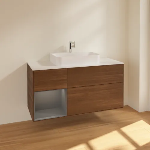 VILLEROY BOCH Toaletní skříňka Finion, s osvětlením, 3 výsuvy, 1200 x 603 x 501 mm, ořechová dýha / antracitový matný lak / bílé matné sklo #F411GKGN, obrázek 2