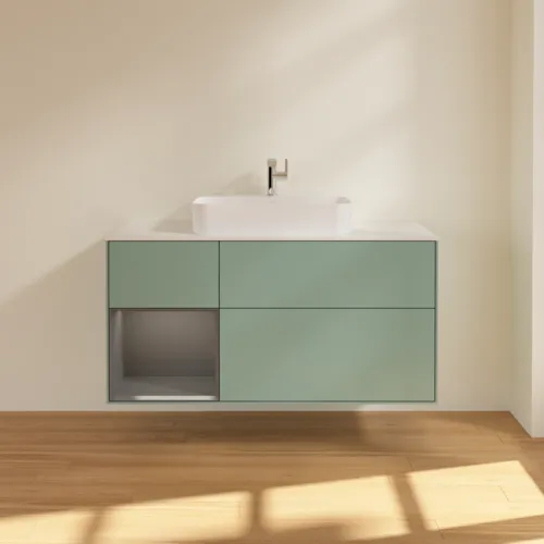 VILLEROY BOCH Toaletní skříňka Finion, s osvětlením, 3 výsuvy, 1200 x 603 x 501 mm, olivový matný lak / antracitový matný lak / bílé matné sklo #F411GKGM, obrázek 3