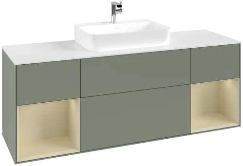VILLEROY BOCH Toaletní skříňka Finion, s osvětlením, 4 výsuvy, 1600 x 603 x 501 mm, olivový matný lak / hedvábně šedý matný lak / bílé matné sklo #F451HJGM