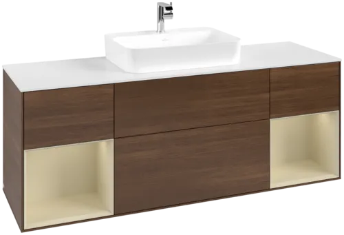 VILLEROY BOCH Toaletní skříňka Finion, s osvětlením, 4 výsuvy, 1600 x 603 x 501 mm, ořechová dýha / hedvábně šedý matný lak / sklo bílé matné #F451HJGN